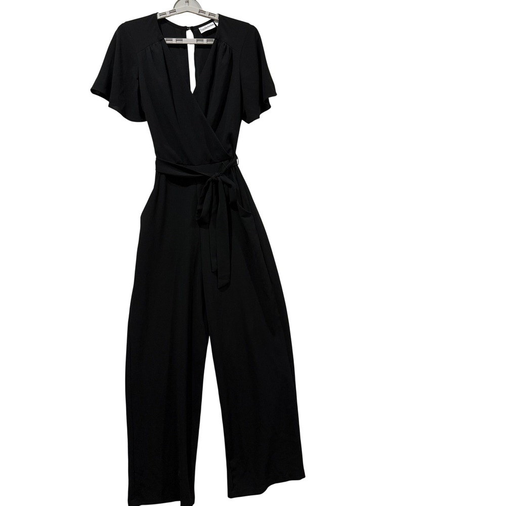 Premier Amour Womens Black Flutter Sleeve Wrap Wide Leg Jumpsuit Size 2